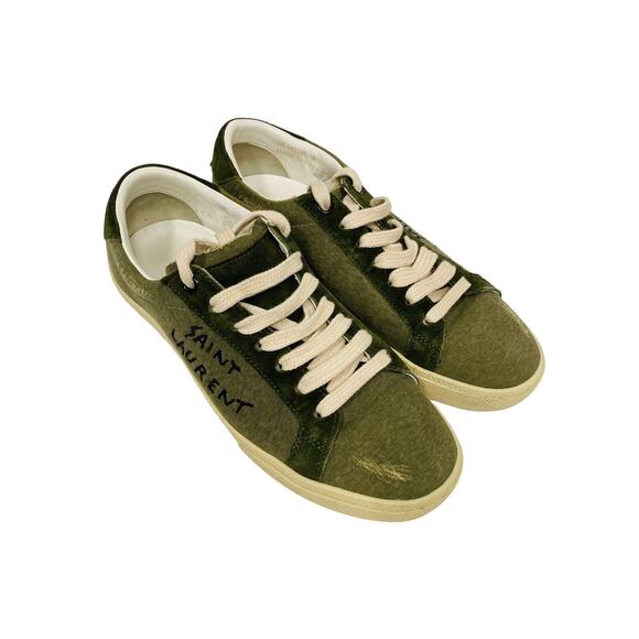 SAINT LAURENT Olive Distressed Canvas Court Logo Embroidered SL/06 Sneakers 36.5 - Picture 3 of 12
